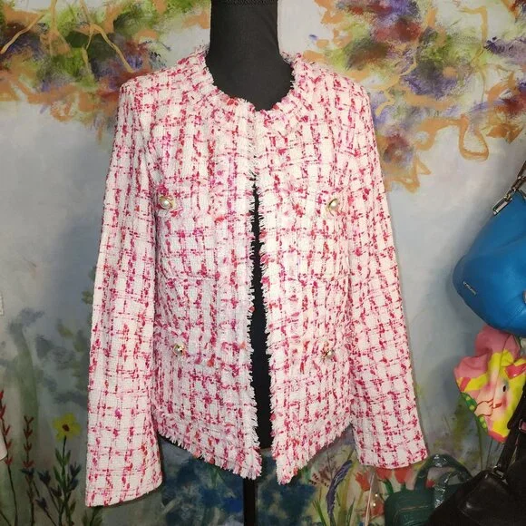 Nanette Lepore Women's Tweed Jacket Pearl Button Accents Fringe Details Size 6 - Picture 2 of 11